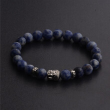(Blue) Natural Gemstone Beads Buddha Head Beaded Men Womens Lava Rock Handmade Bracelet
