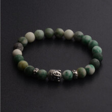 (Green) Natural Gemstone Beads Buddha Head Beaded Men Womens Lava Rock Handmade Bracelet