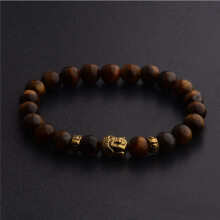 (Browngold) Natural Gemstone Beads Buddha Head Beaded Men Womens Lava Rock Handmade Bracelet