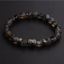 (Black) Natural Gemstone Beads Buddha Head Beaded Men Womens Lava Rock Handmade Bracelet