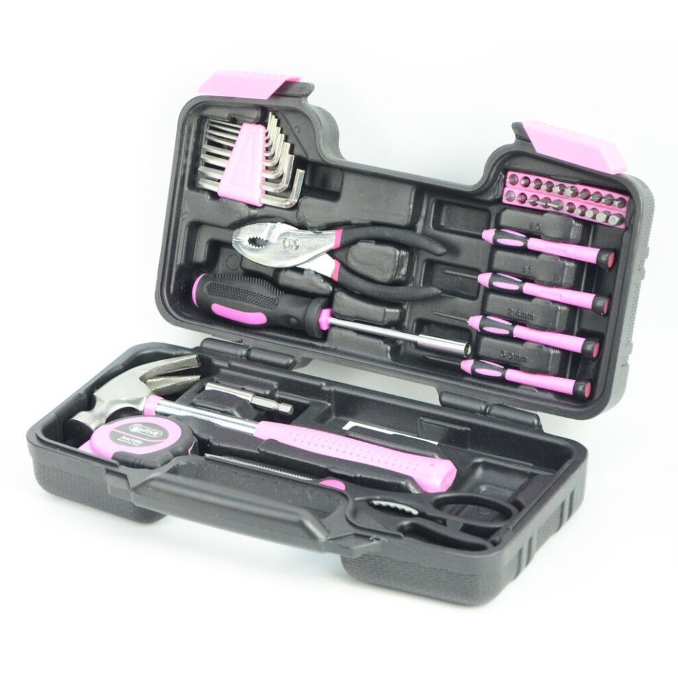 Hyfive Ladies Pink Tool Kit Tool Kit DIY Set with Pink Hammer, Pink Pliers, Pink Screwdrivers in Pink Carry Case 38pc