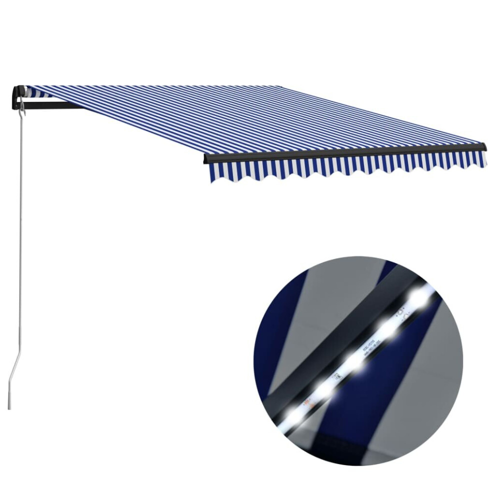Vidaxl Manual Retractable Awning With Led 300X250cm Blue And White Canopy