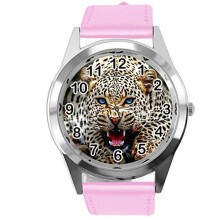 Pink Leather Round Watch for Leopard Fans