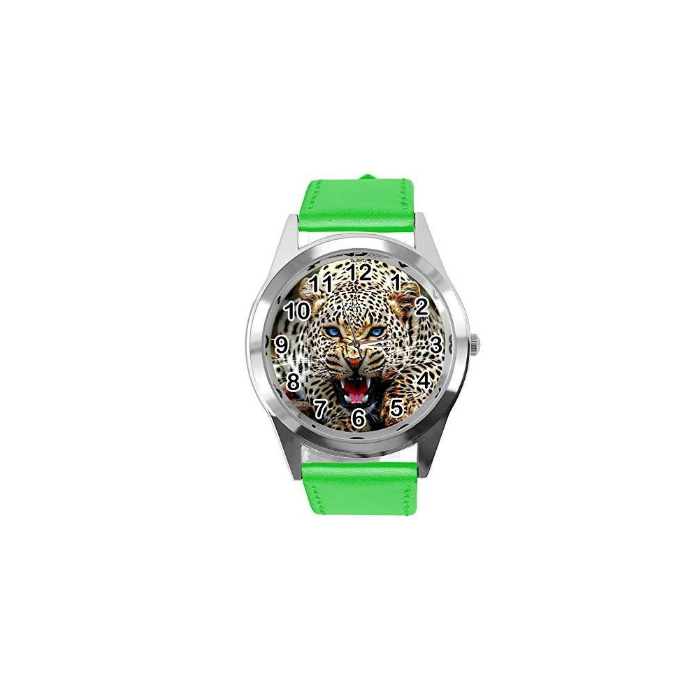 Photos - Wrist Watch Green Leather Round Watch for Leopard Fans