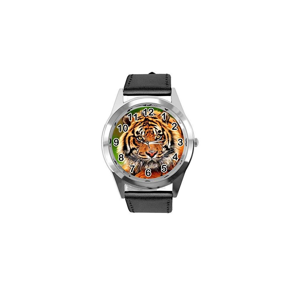 Black Leather Round Watch for Tiger Fans