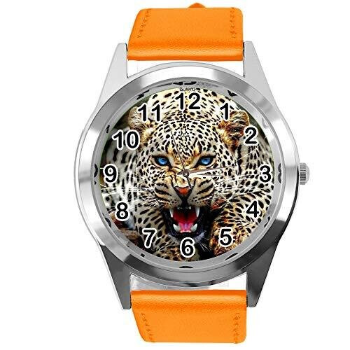 Orange Leather Round Watch for Leopard Fans