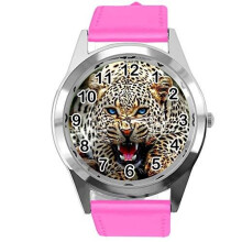 HOT Pink Leather Round Watch for Leopard Fans