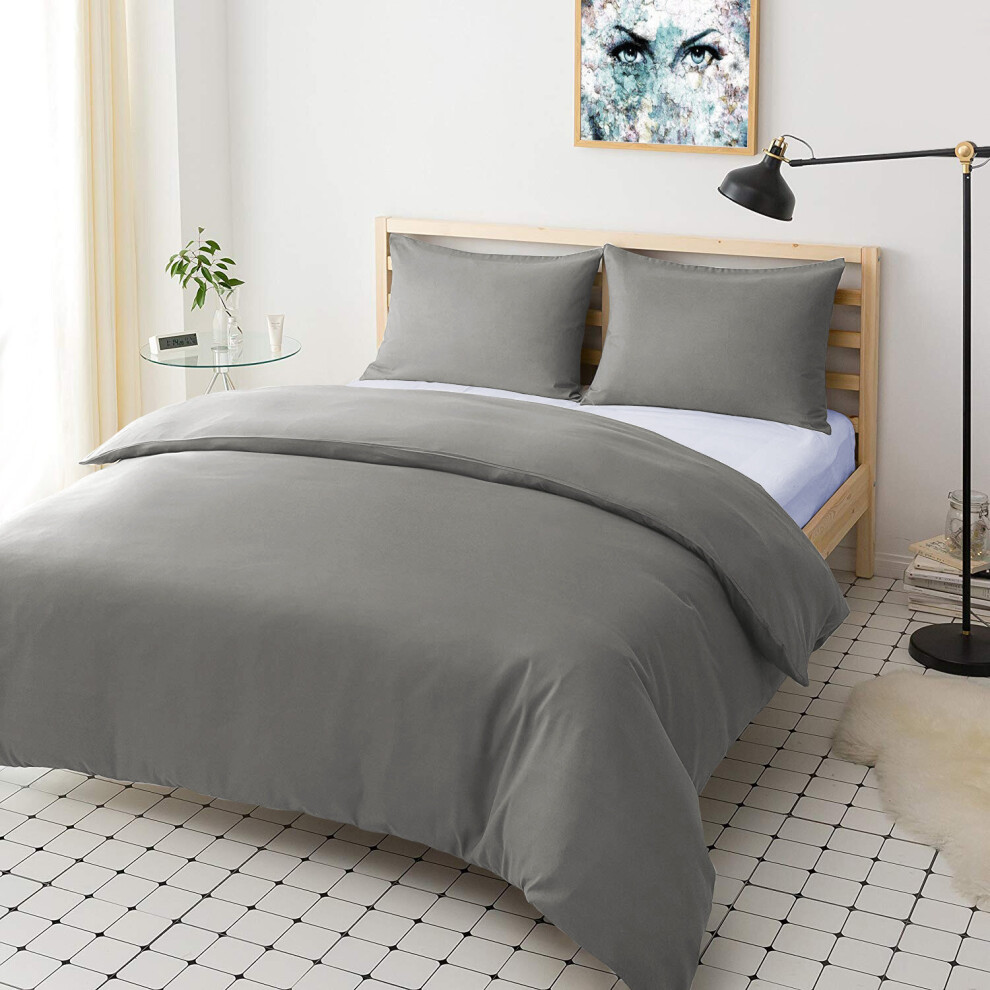 (Grey, Single) Plain Duvet Cover Single Double King Bed Set Quilt