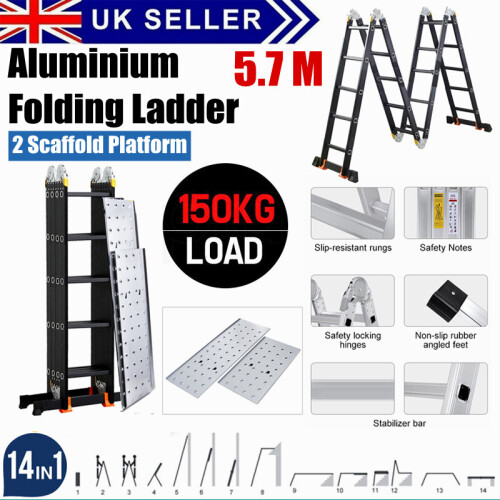5.7M 14 in 1 Multi Purpose Aluminium Folding Ladder w/2 Platform