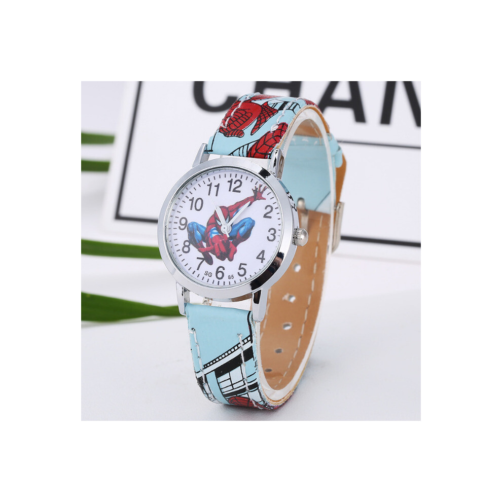 (LightBlue) Spiderman Leather Wrist Watch Lady Girl Women Teens Kids Cartoon Watches