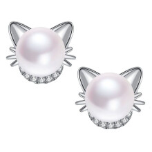 (Silver) Fashion Rhinestone Earing Earring Charm Lovely Pearl Cat Stud Jewelry Ear Studs