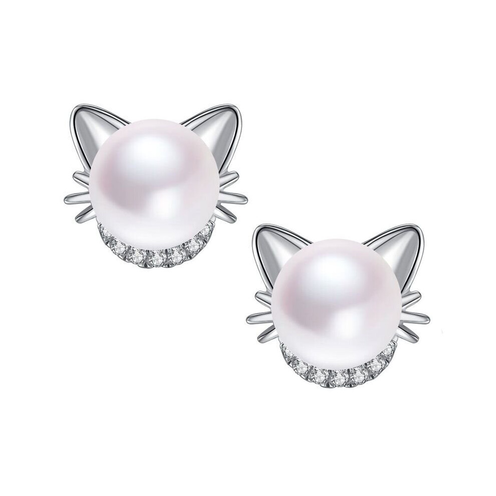 (Silver) Fashion Rhinestone Earing Earring Charm Lovely Pearl Cat Stud Jewelry Ear Studs