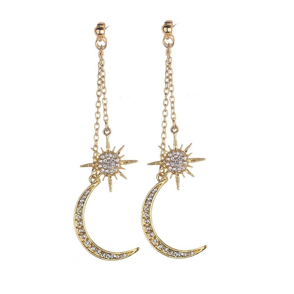 (gold, 97mm) Women Crystal Stones Boho Star Sun Moon Drop Dangle Stud Earrings Jewelry Gift