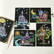 (House?4 paintings?) Colorful Scratch Art Paper Magic Painting Paper with Drawing Stick Decorate