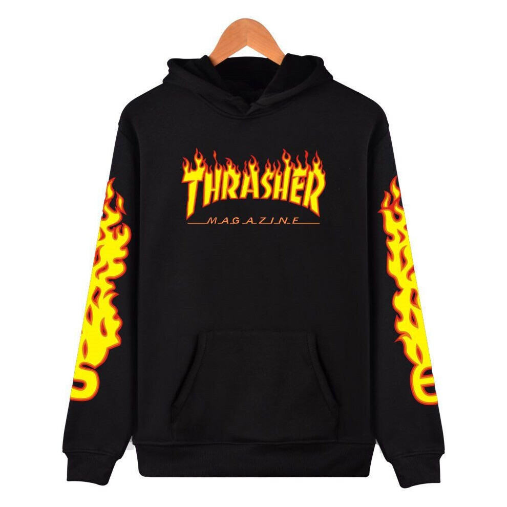 (, 2XL) Men Women Thrasher Flame Pullover Hoodie Sweaters Skateboard Sweatshirt Hot Black