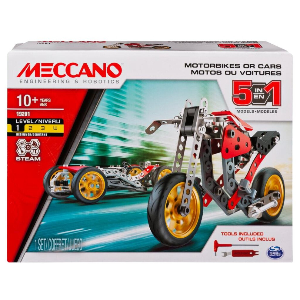 Meccano, 5-in-1 Street Fighter Bike or Car, S.T.E.A.M. Building Kit