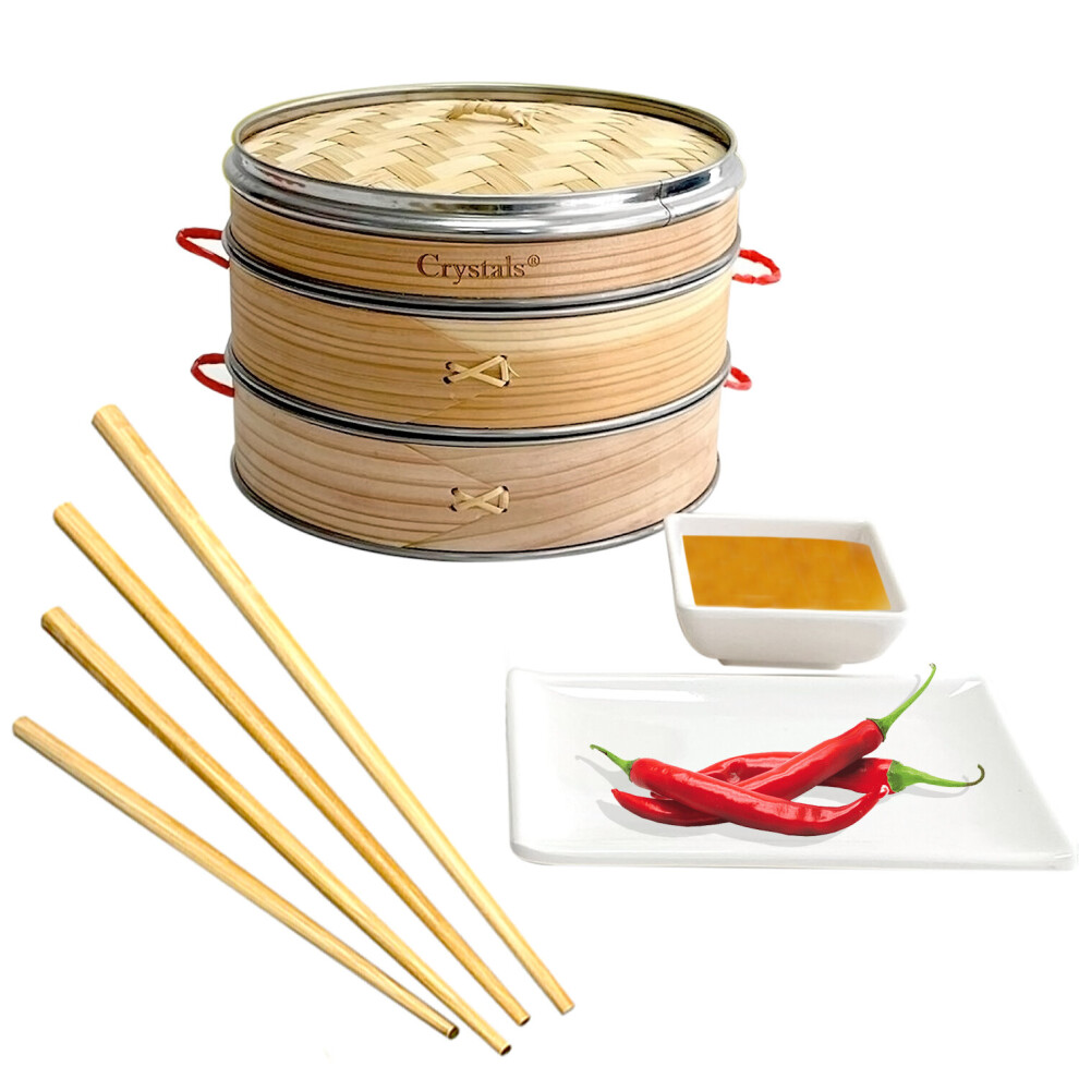 8 Inch Organic Dim Sum Bamboo Steamer with 2 Plates & 2 Pair Chopsticks