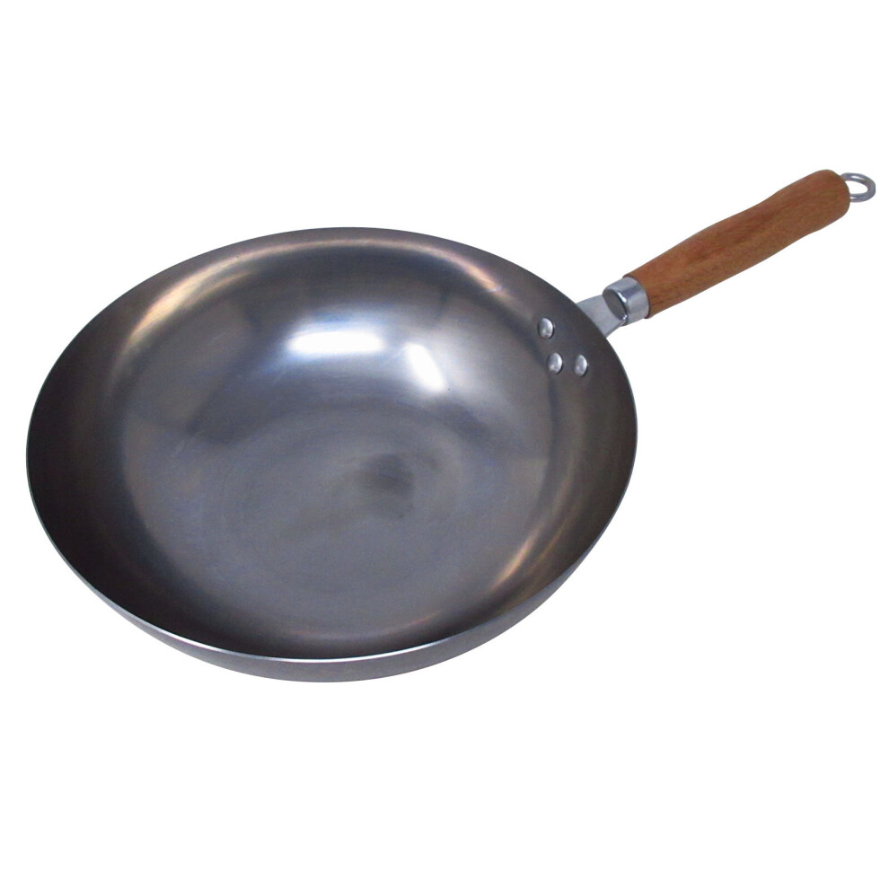 (12 Inch, Round Bottomed) Wok Pan Round or Flat Base with Wooden Handle