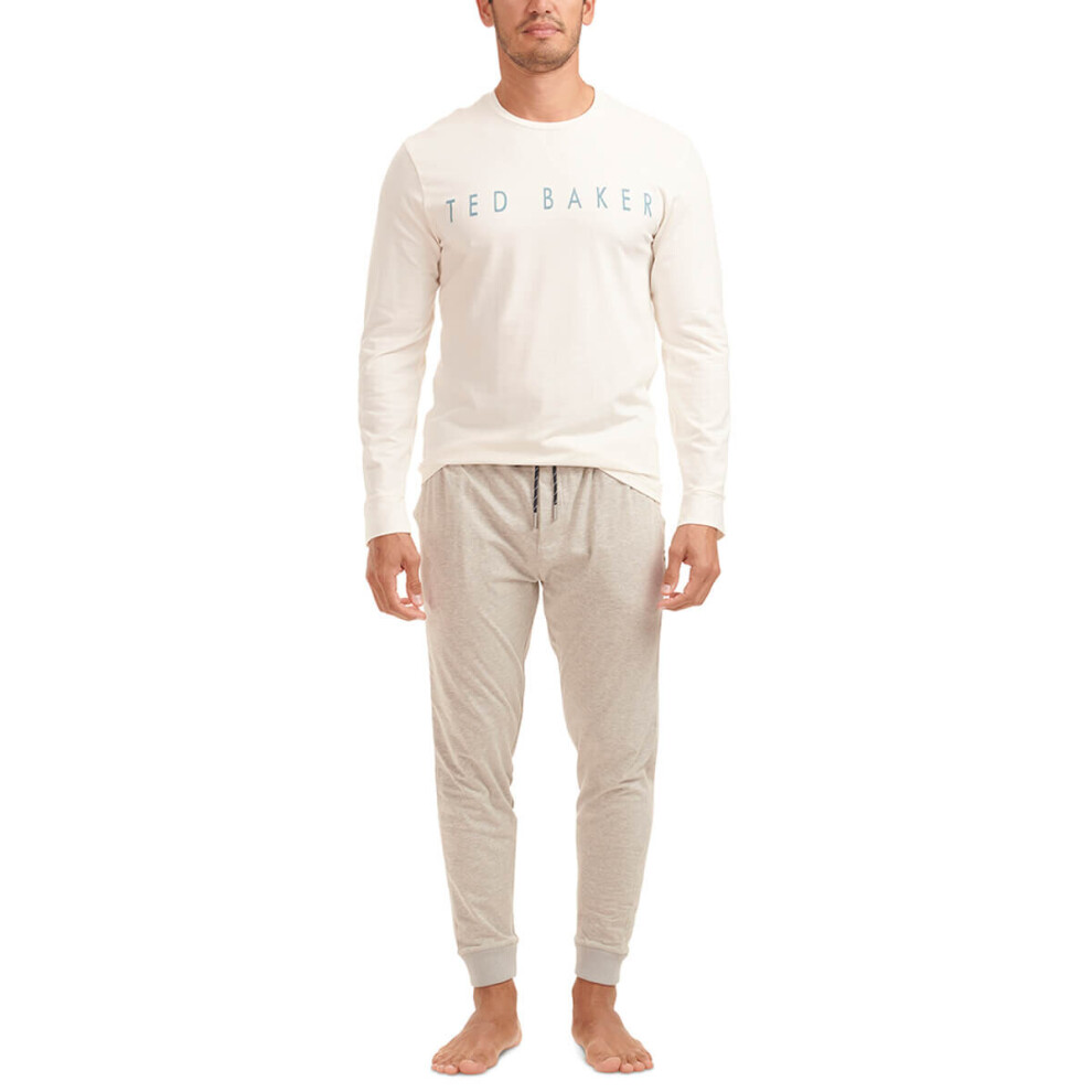 (S, Cloud Dancer/Grey Heather) Ted Baker Mens 2021 Long Sleeve Lounge Cotton Jersey Luxury Pyjama Gift Set