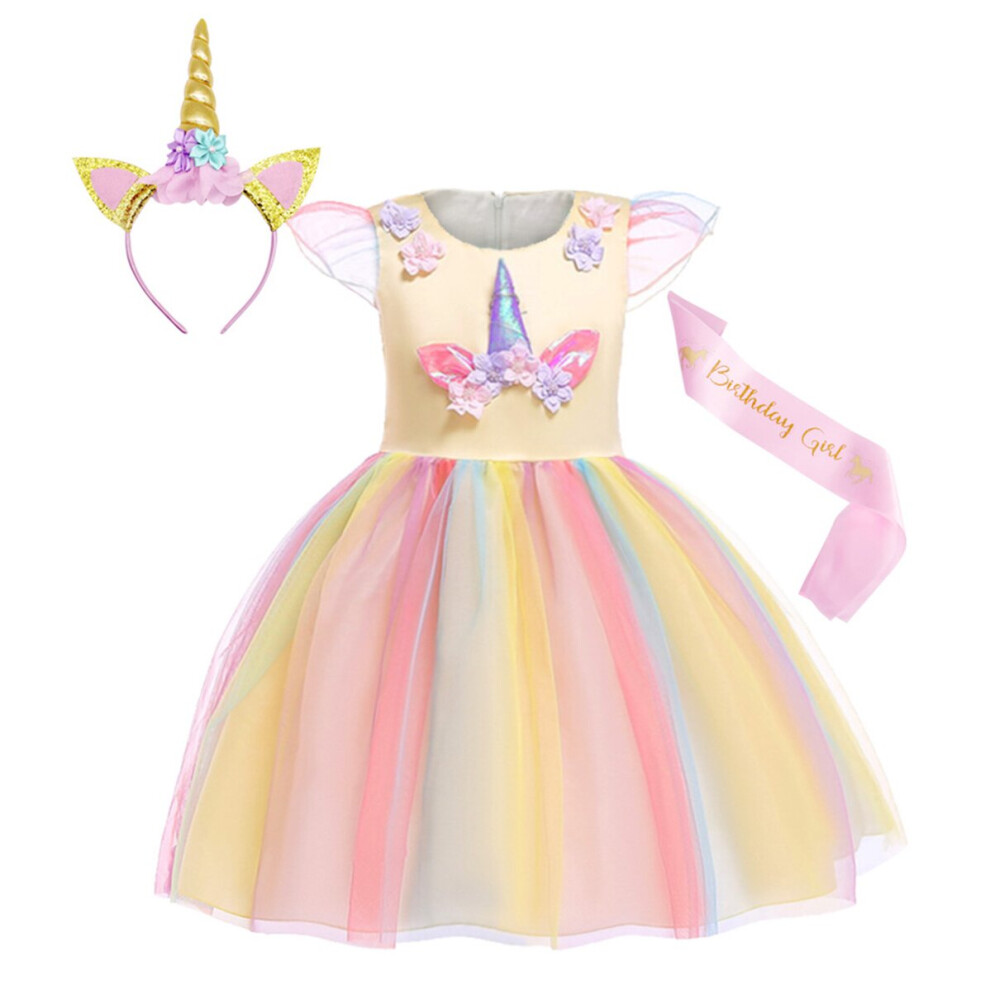 Photos - Fancy Dress , 7-8 Years) Jurebecia Girls Unicorn Dress Princess Unicorn Dress up Costume Christmas Gift Cosplay(Yellow(Hair band&Ribbon)