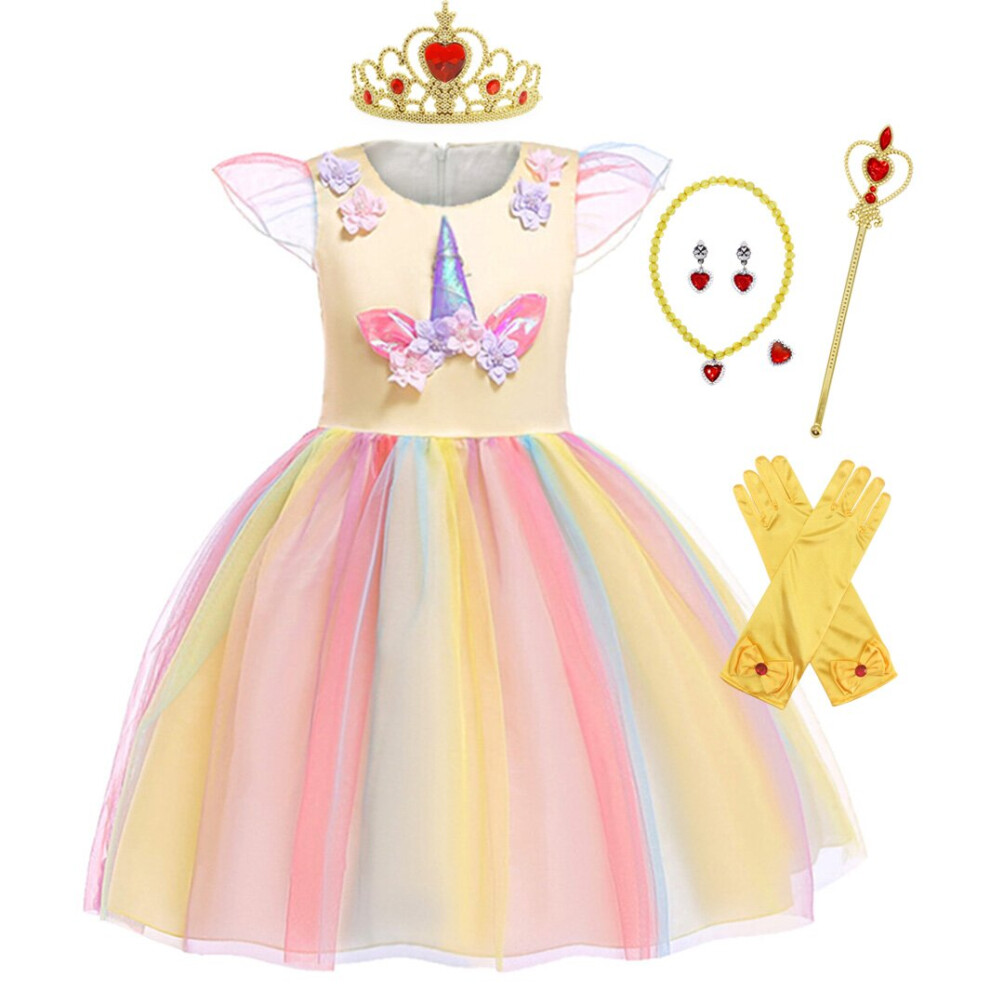 Photos - Fancy Dress , 5-6 Years) Jurebecia Girls Unicorn Dress Princess Unicorn Dress up Costume Christm(Yellow(Crown&Jewelry&Magic wand&Gloves)