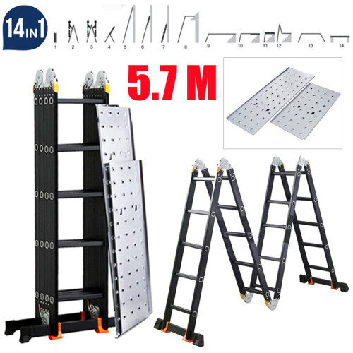 5.7M 14 in 1 Multi Purpose Aluminium Folding Ladder w/Platform UK