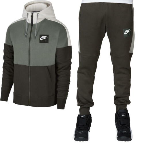 (Olive Green, S) Nike Air Men Full Tracksuit Set Zip Up Hoodie 886044