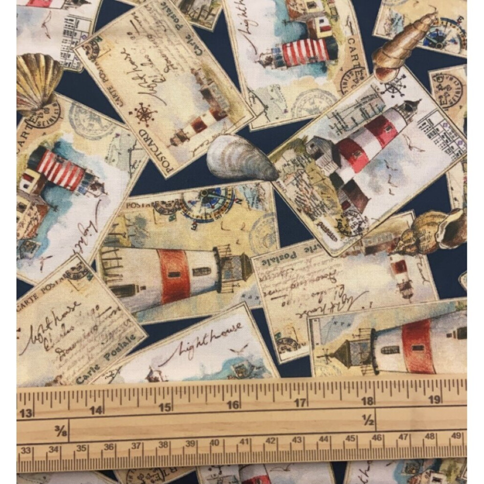 Fat Quarter Ship Ahoy Light House Post Cards On Navy 100% Cotton Quilting Fabric