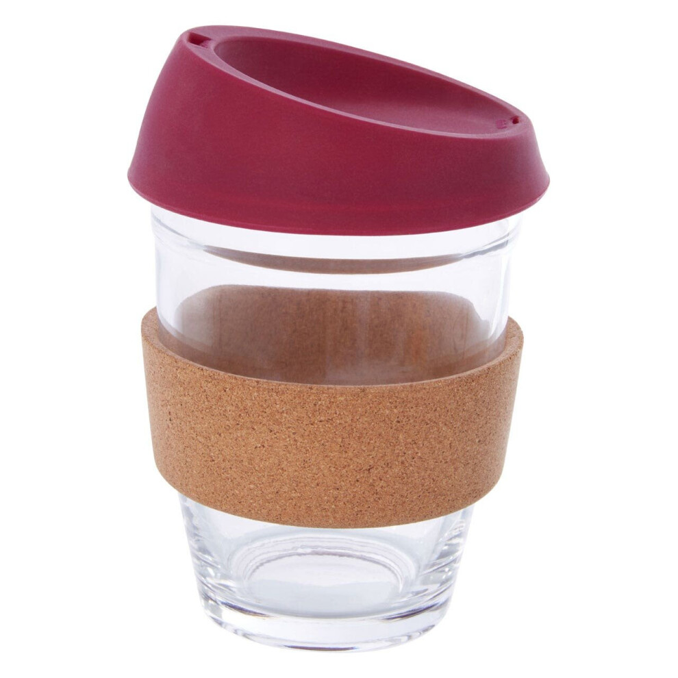 Premier Housewares Glass Mug With Silicone Lid, Glass Coffee Mug With Silicone Lid And Cork Wrap, Glass Mug With Lid Red
