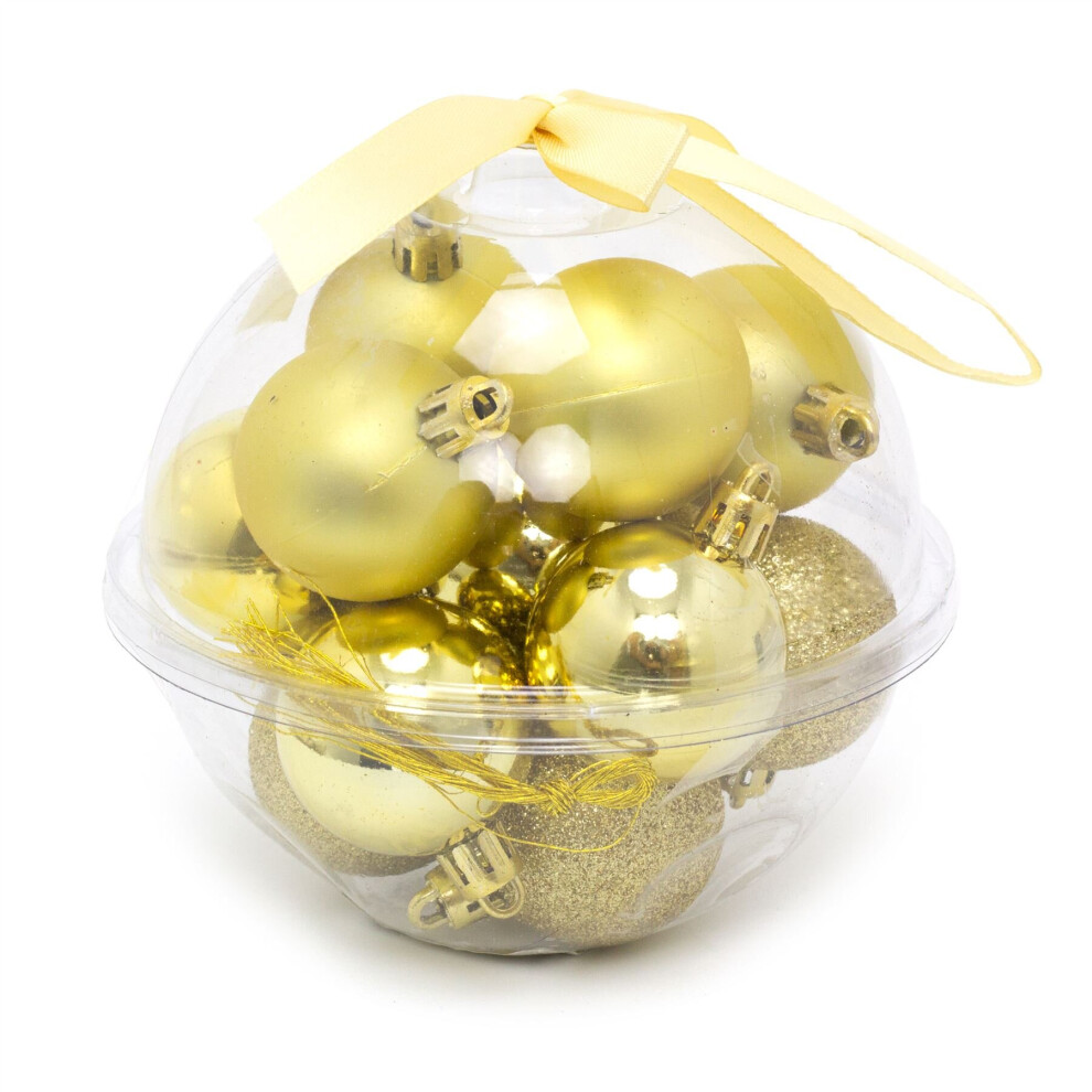 Carousel 14 Piece Mini Christmas Tree Bauble Box | Xmas Hanging Balls Christmas Tree Ornaments Decorations | Set Of Baubles Gold