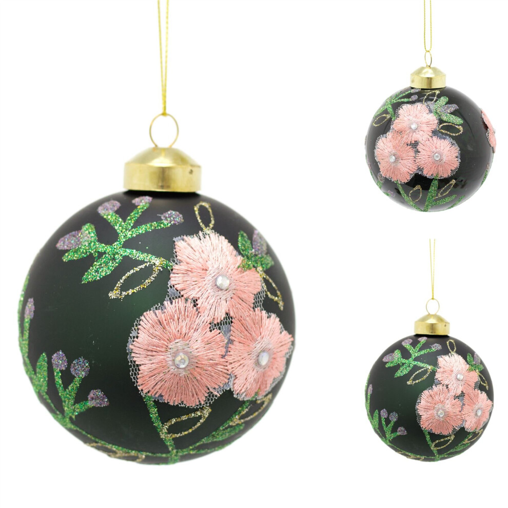 Carousel 8Cm Embroidered Floral Christmas Bauble | Glitter Christmas Ball Tree Decorations | Xmas Bauble Christmas Decor - Design Varies One Supplied Green