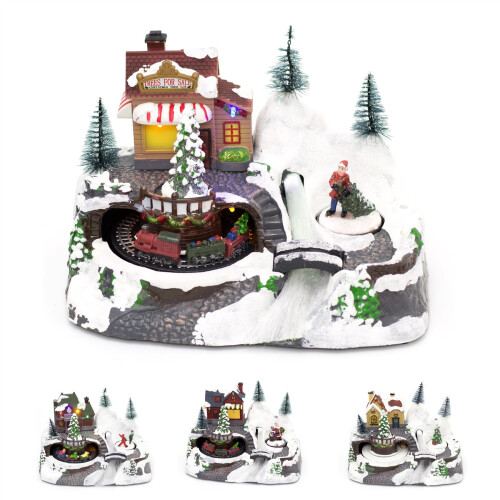 Christmas Scene With Moving Train Xmas Model Village Light Up LED Animated Christmas Village
