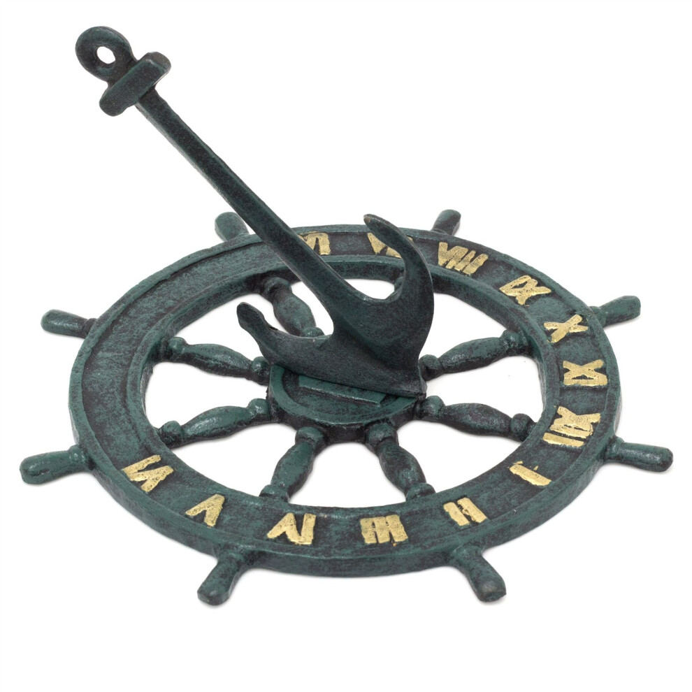 Carousel Nautical Cast Iron Garden Sundial | Metal Outdoor Sundial Ship Wheel Anchor Ornament - 23Cm