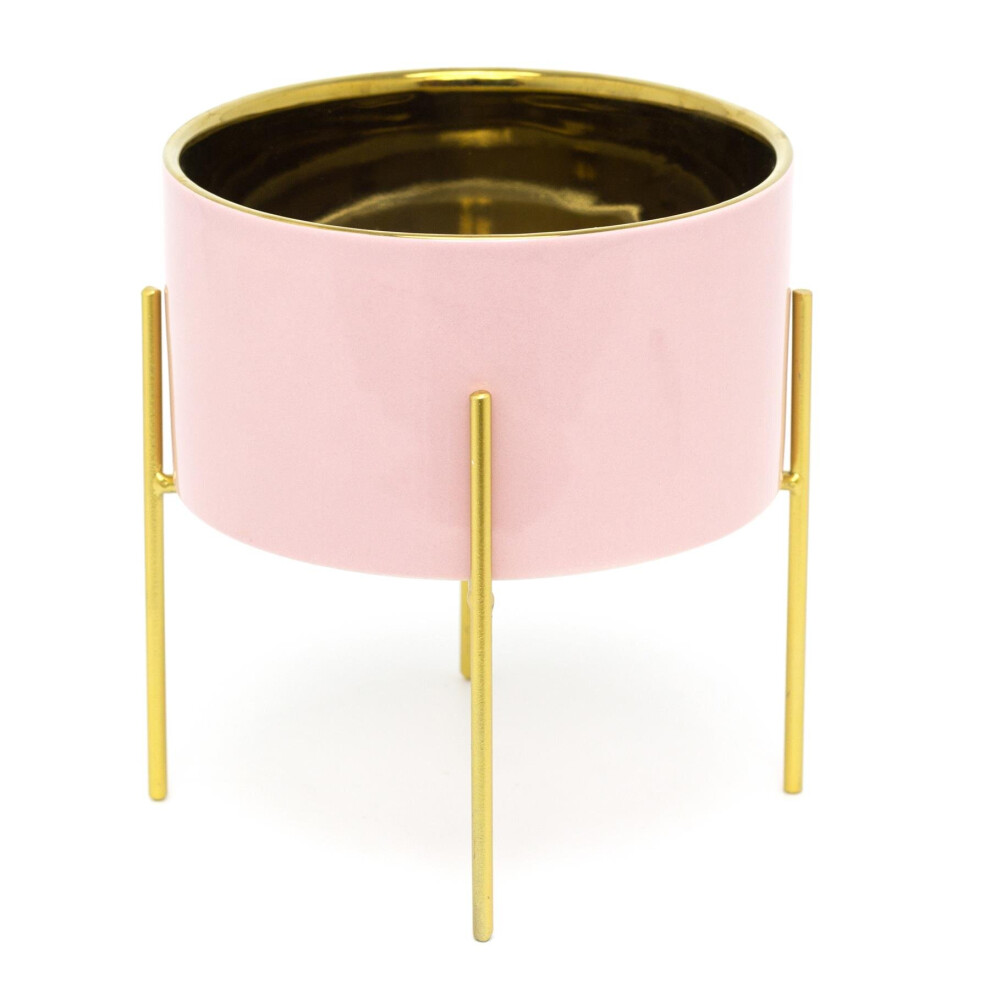 Pink and Gold Ceramic Cache Plant Pot Planter With Stand