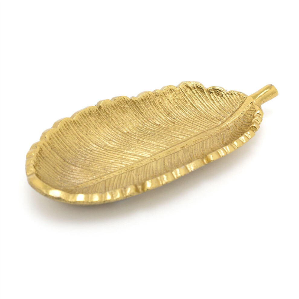 Elegant Gold Metal Feather Trinket Dish | Antique Style Gold Tone Display Plate Vanity Tray | Ring Holder Jewellery Plate