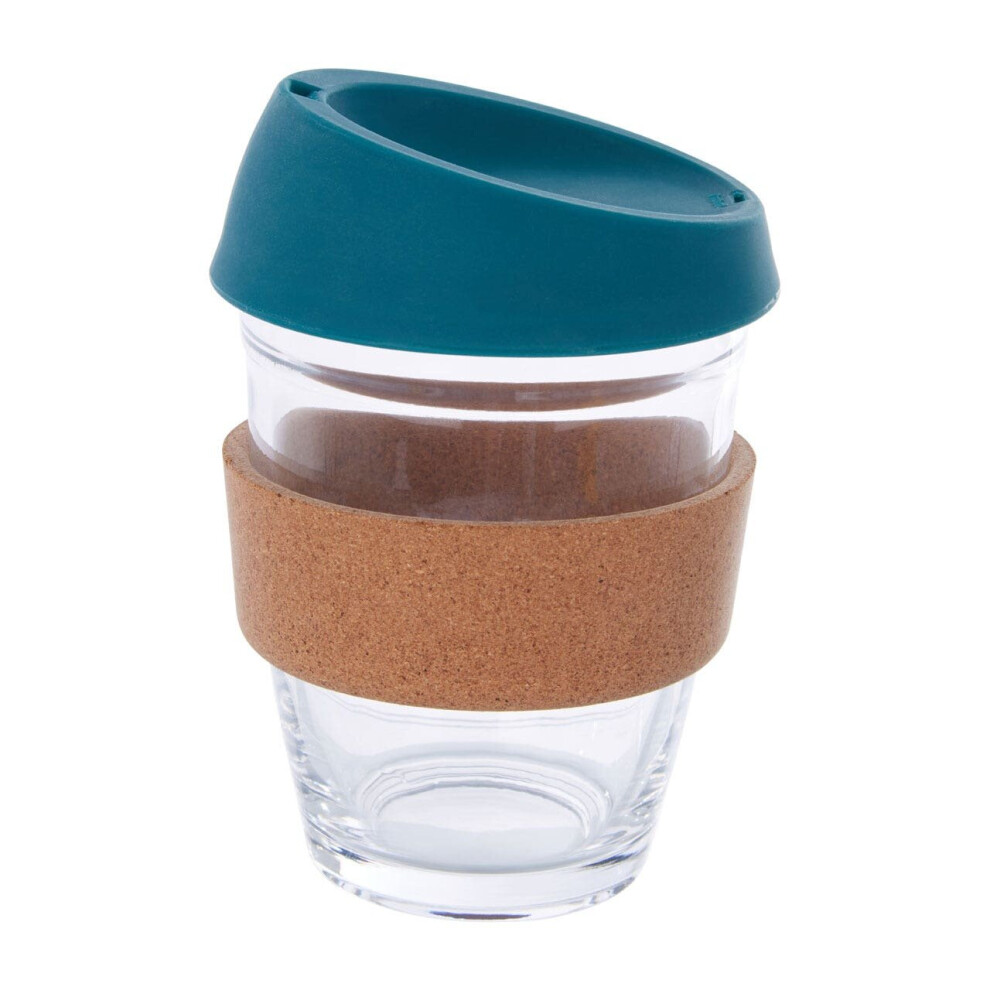 Premier Housewares Glass Mug With Dark Green Silicone Lid, Glass Coffee Mug With Silicone Lid And Cork Wrap, Glass Mug With Lid