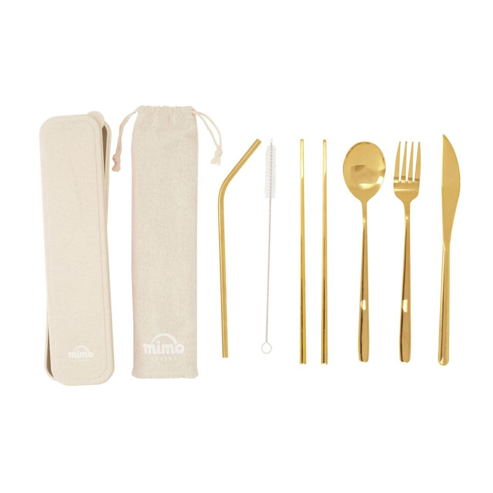 Interiors by Premier 6 Pc Gold Finish Straw Cutlery Set with Box, Spoon and Fork Set, Serving Fork and Spoon, Unique Cutlery Set