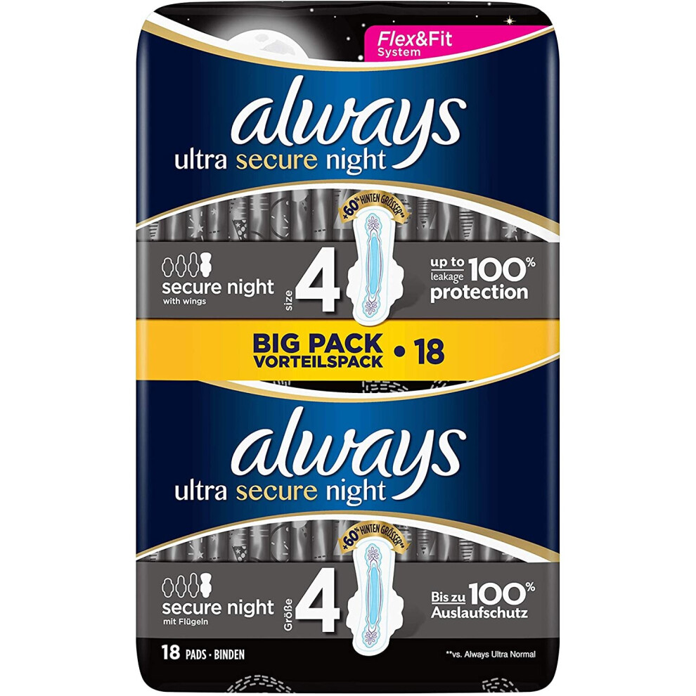 Always Ultra Secure Night Sanitary Pads (with Wings) Size 4 Pack of 18