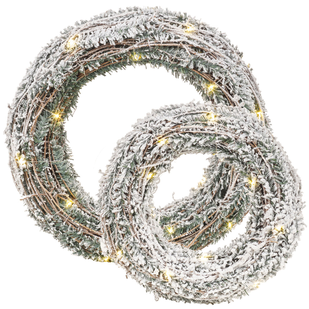 (Rattan with Snowy Faux Pine, 40cm) LED Snowy Christmas Wall Door Wreath 30 40cm