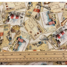 Fat Quarter Ship Ahoy Light House Post Cards On White 100% Cotton Quilting Fabric