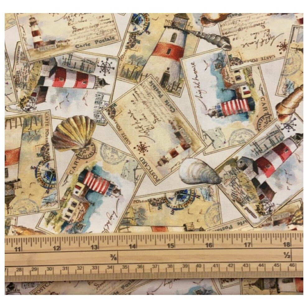 Fat Quarter Ship Ahoy Light House Post Cards On White 100% Cotton Quilting Fabric