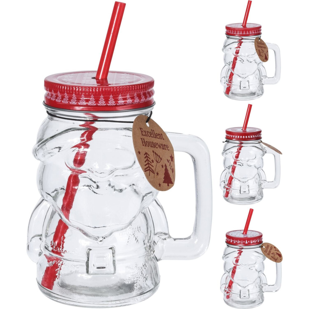 Clear Glass Mason Santa Shaped Christmas Drinking Jar With Lid And Straw - Design Varies