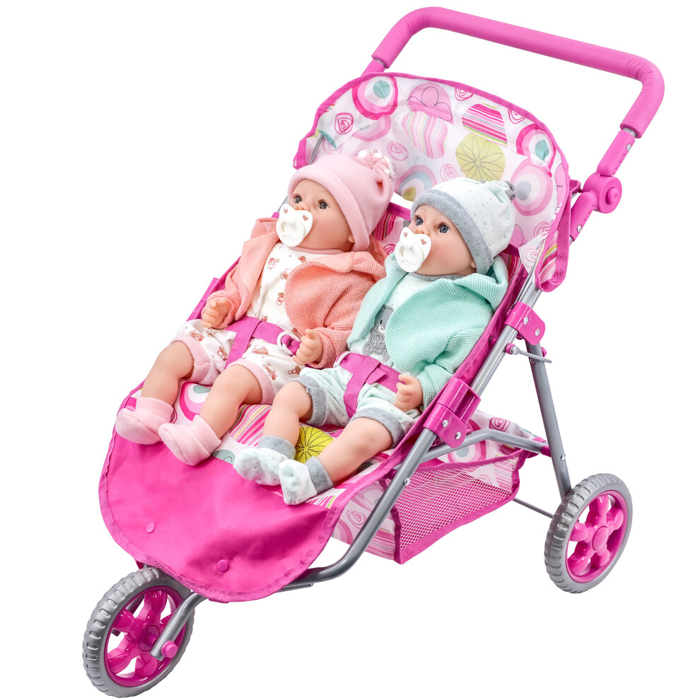 The Magic Toy Shop Twin Dolls Stroller Pushchair Baby Doll Buggy Pram with Storage Basket Girls Toy on OnBuy