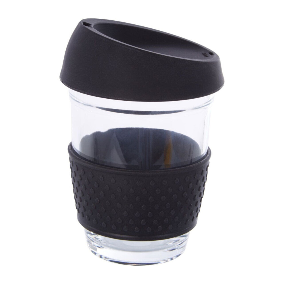 Glass Mug with Silicone Lid, Drinking Mug with Lid and Black Silicone Band, No Spill Glass Travel Mug