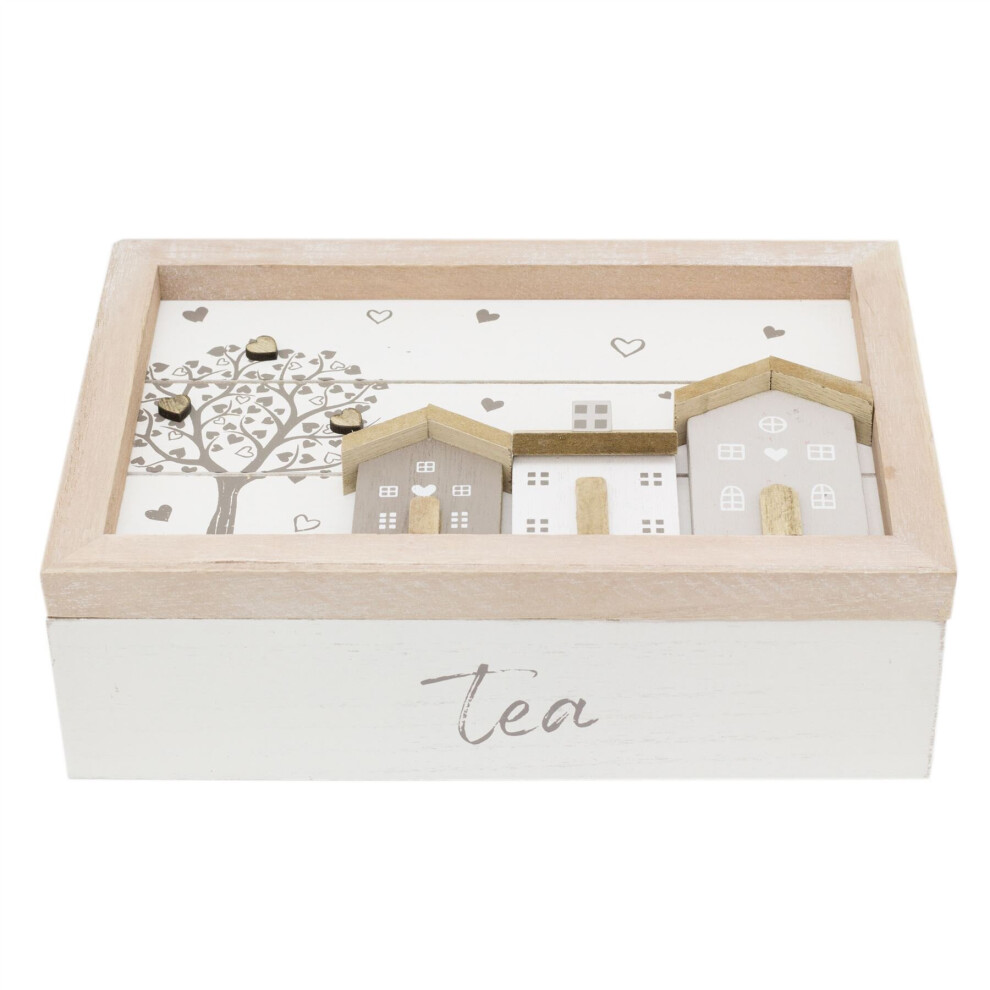 Shabby Chic House Design Wooden Tea Box Caddy 24x16cm | 6 Compartment Tea Bag Storage Box | Kitchen Organiser Tea Case