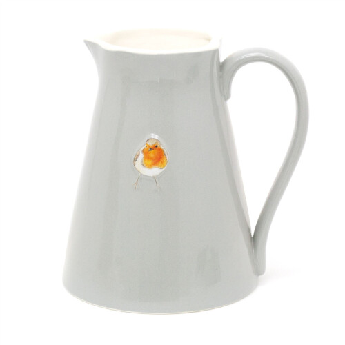 Pretty Robin Embossed Ceramic Serving Jug Grey Water Pitcher China