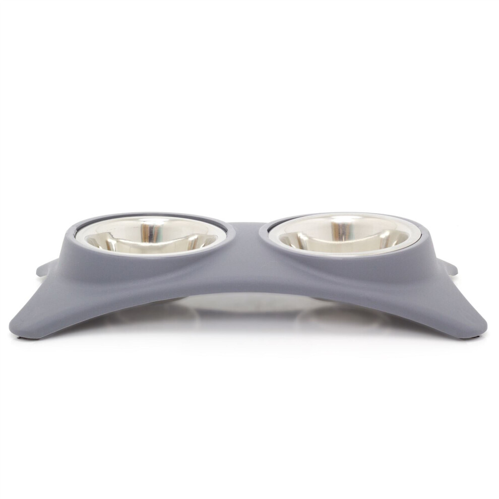 Grey Non Slip Double Pet Feeding Bowls | Feeding Station Stainless Steel Food Bowls | Cat Puppy Small Dogs Food Water Dish