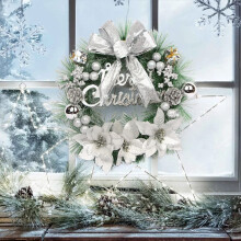 (Silver) Christmas Wreath 30cm Artificial Front Door Wreath Hanging Garland with Flowers and Bowknot