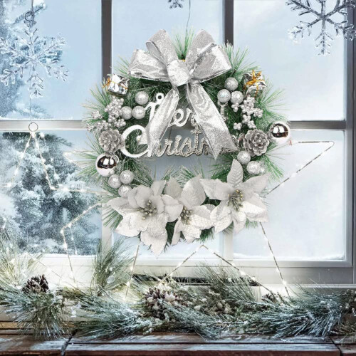 (Silver) Christmas Wreath 30cm Artificial Front Door Wreath Hanging Garland with Flowers and Bowknot