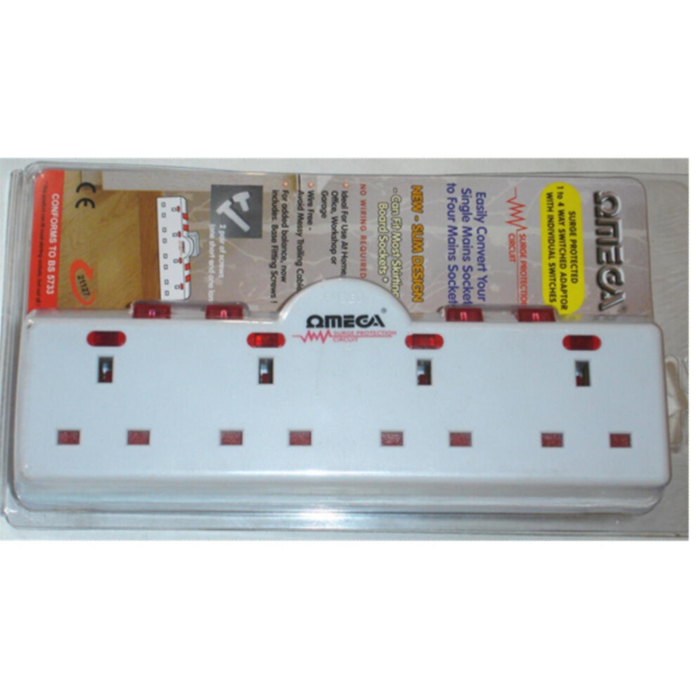 Omega 21127 4 Way Gang Adaptor Surge Protected Wall Switch Socket, 13A